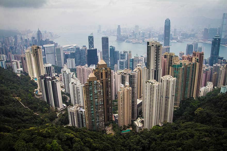 Виктория пик, сгради, град, небостъргачи, многоетажна, високи сгради, градски пейзаж, Хонг Конг, силует, архитектура, метрополия