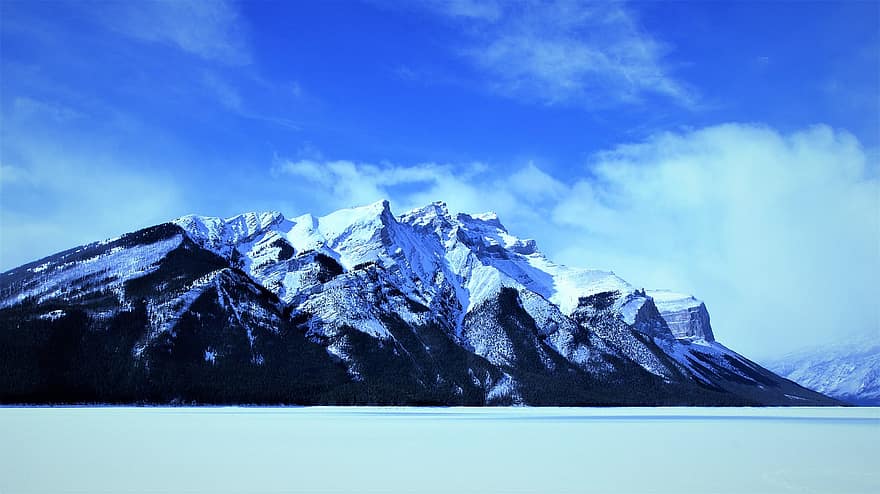 góry, jezioro, zimowy, śnieg, mrożony, lód, zimno, zamarznięte jezioro, pasmo górskie, krajobraz, sceneria