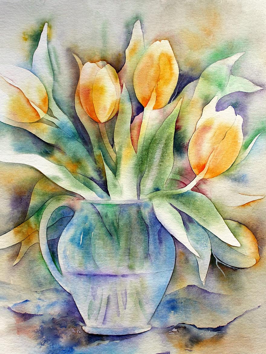 tulipas, Páscoa, aguarela, flor, arte, cor, fundo, natureza, plantar