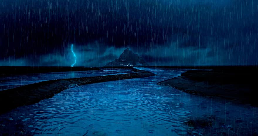嵐、雨が降って、海洋、海、雨、ルモンサンミシェル、ノルマンディー、ユネスコ世界遺産、島、タイダルアイランド