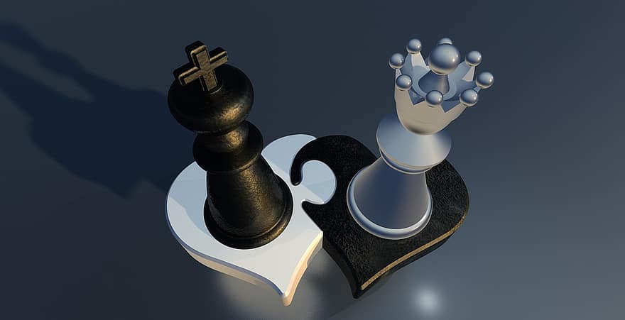 xadrez, figuras, senhora, rei, par, coração, amor, dois corações, parceria, conexão, enigma