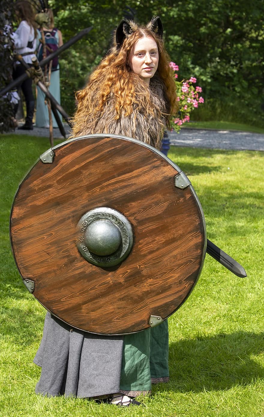 viking, žena, kostým, bojovník, fantazie, ženský, meč, štít