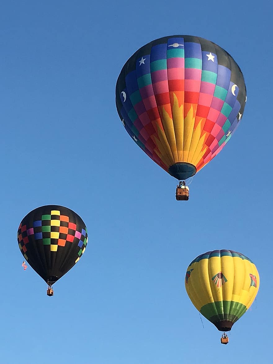 varmluftsballonger, flygande, himmel, ballonger, ballongflygning, resa, luftballong, multi färgad, blå, transport, ballong