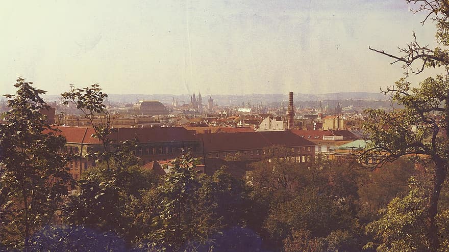 プラハ、パノラマ、ビンテージ、はがき、見る、シティ、建築、街並み、建物の外観、ルーフ、古い