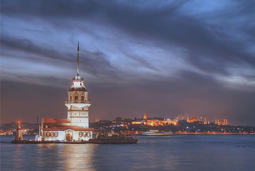 Турция, Стамбул, девичья башня, ночь, вечер, туристическая достопримечательность, башня