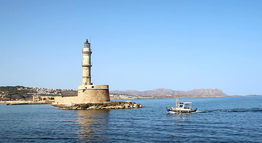 Havn, fyrtårn, båd, hav, kyst, milepæl, Grækenland, bygning, navigation, turisme, rejse