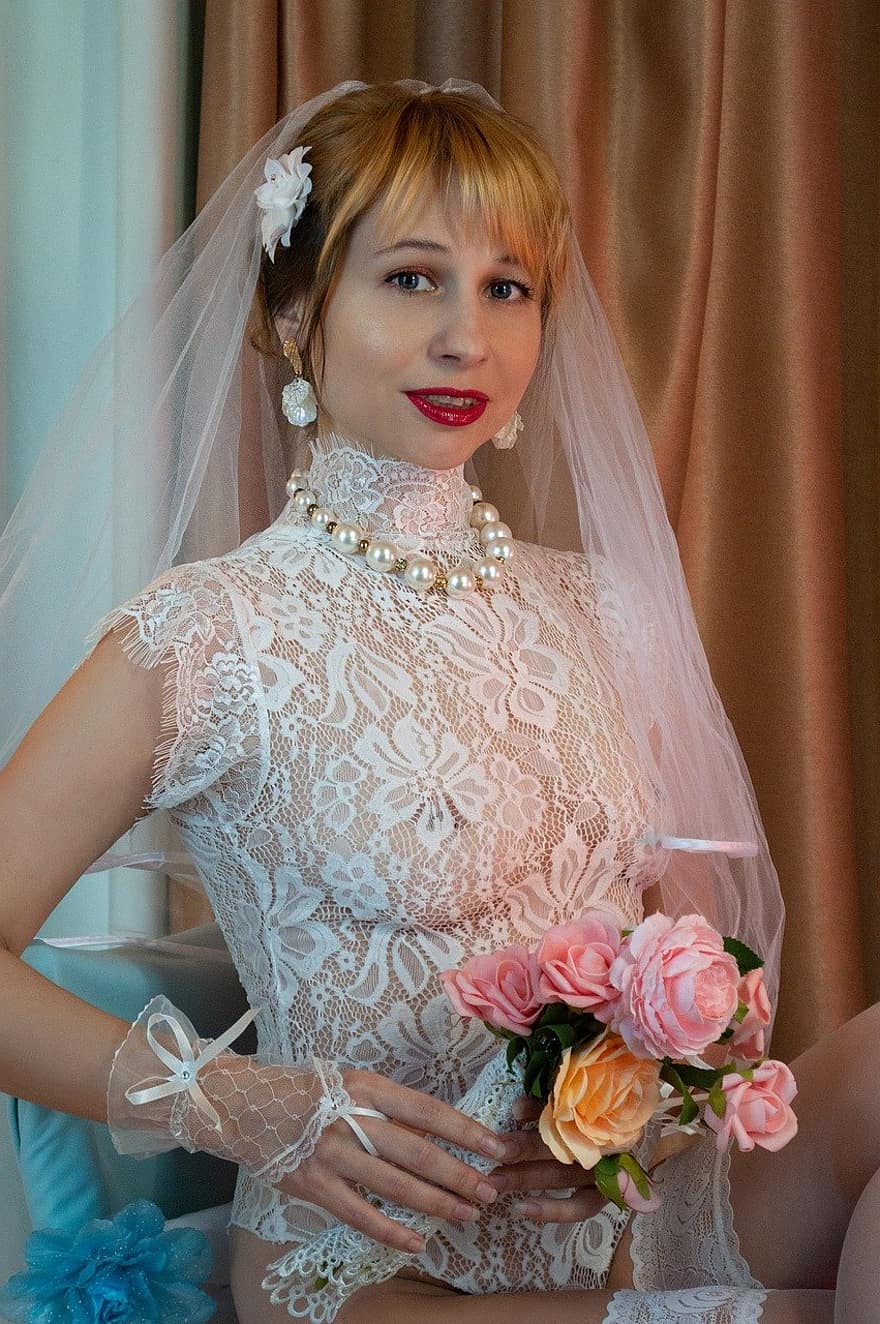 Bride, Veil, Wedding, Lace, Woman, Smile, Flowers, Marriage, Bodysuit, Spicy, Intimately