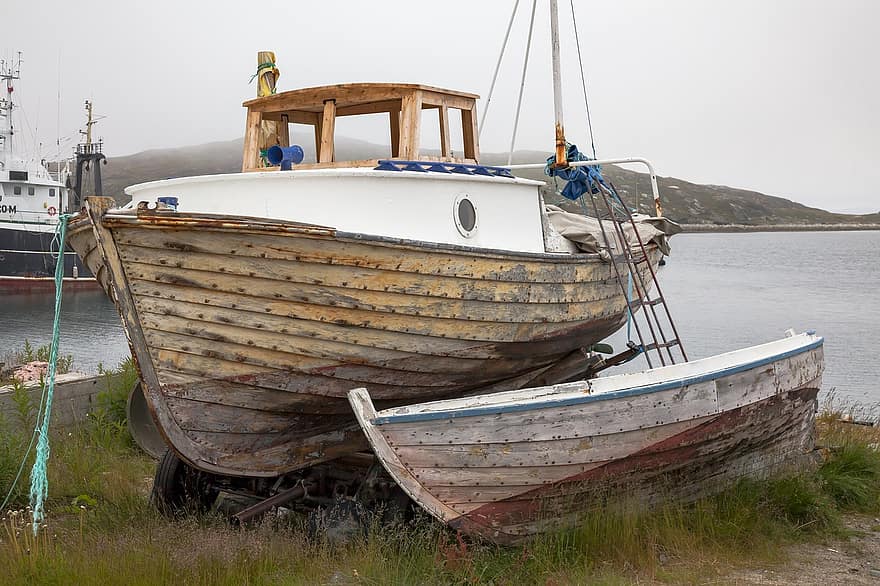 traineira, barco, de madeira, velho, doca, reparar, mar