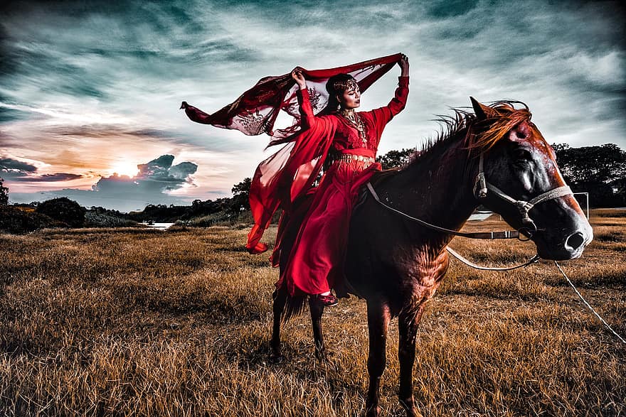 paard, meisje, vrouw, traditionele klederdracht, Vietnam, Vietnamees, Hanoi, oud kostuum, Azië, landschap, buitenshuis