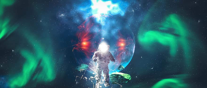 universo, astronauta, surreale, composizione, arte digitale, pianeta, spazio, stella, fantasia, Aurora boreale, Pixabay originale