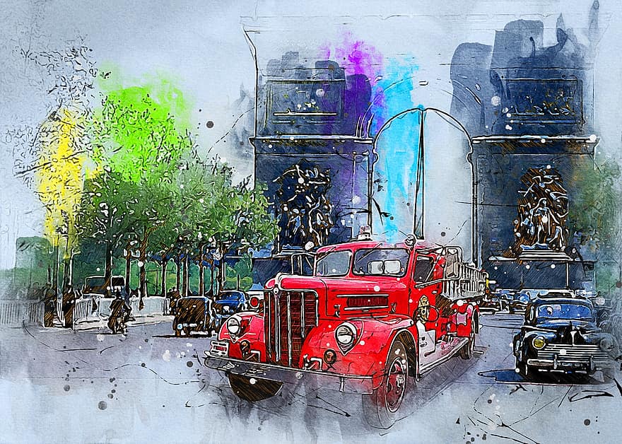 Old Fire Truck, Antique, Truck, Vintage, Emergency, Transport, Classic, Painting, Creativity, Artwork