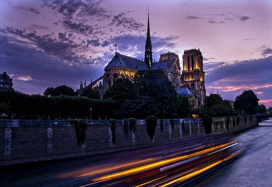 Notre Dame, kirke, solnedgang, Frankrig, katedral, arkitektur, Europa, Paris, blå time, by, skumring