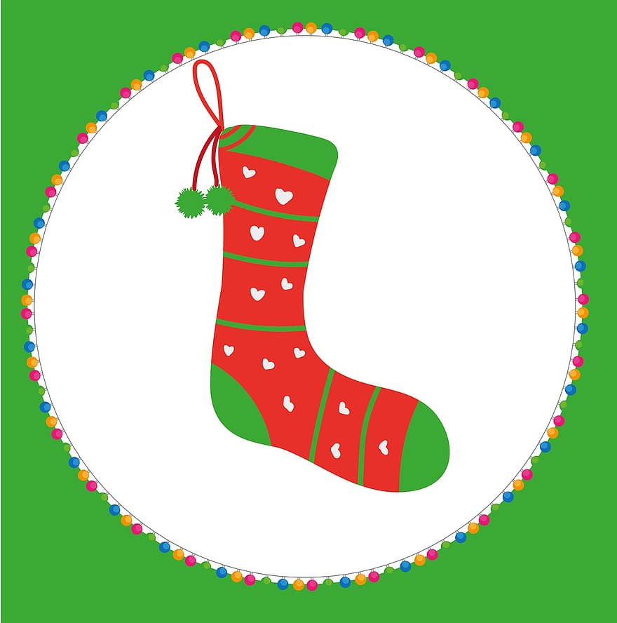 strumpa, jul, dekoration, krans, firande, illustration, gåva, vinter-, vektor, säsong, bakgrunder