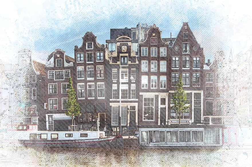 Budynki, Amsterdam, historyczny, architektura, fasada, podróżować, turystyka, obraz, sztuka, grafika