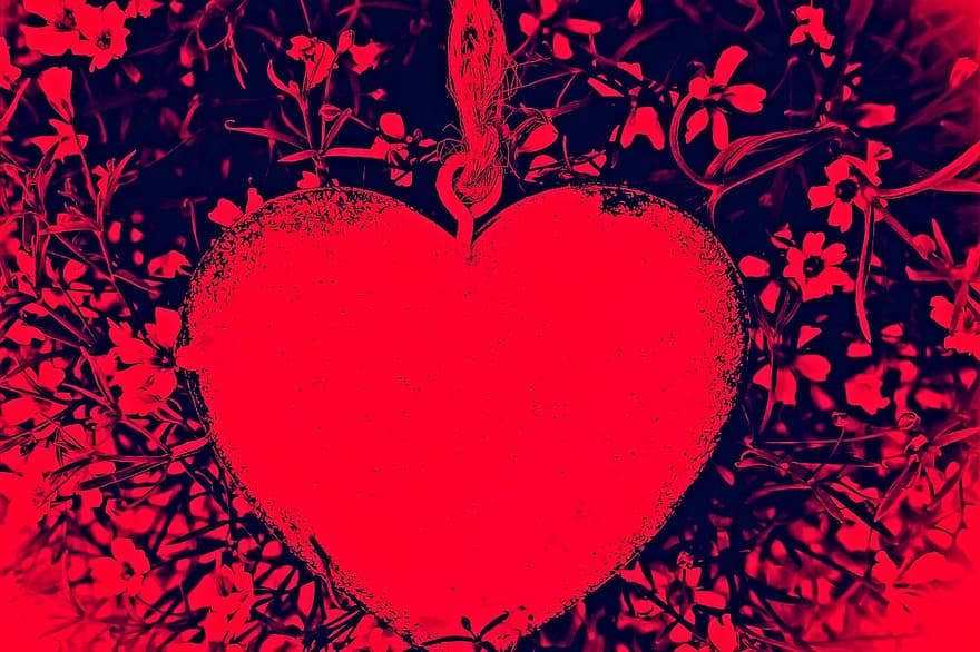 сърце, украса, декор, символ, романтика, обичам, червено сърце, треви, ярък