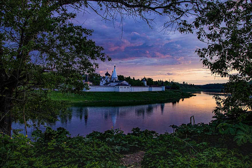 Monastery, Sunset, River, Evening