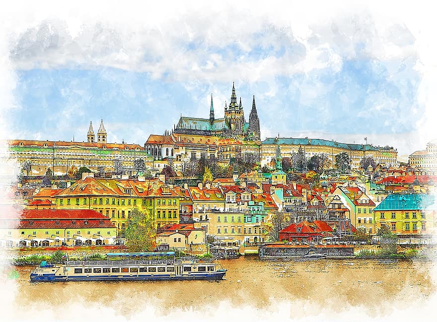 Praha, Česká republika, cestovní ruch, Pražský hrad, panoráma, architektura, historicky, Evropa, město, památník, hrad
