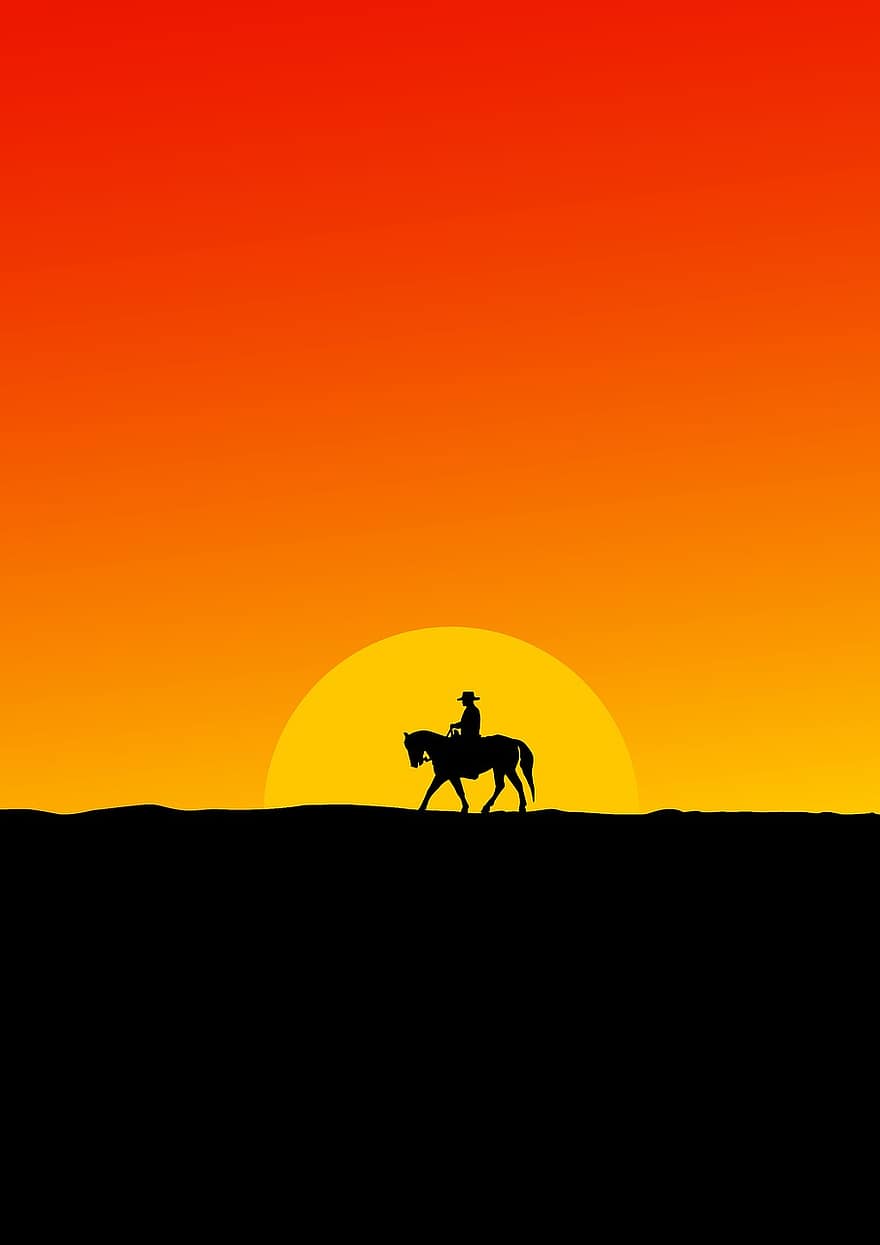 kowboje, zachód słońca, koń, Natura, sylwetka, western, słońce, dziki, zwierzę, krajobraz, niebo