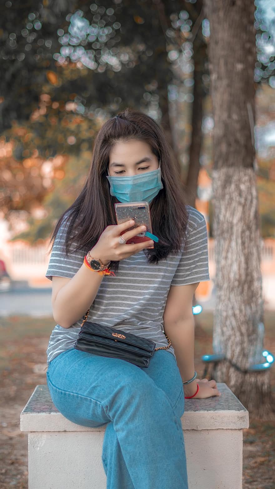 Woman, Face Mask, Smartphone, Waiting, Bench, Park, Girl, Mobile Phone, Cellphone, Mask, Pandemic