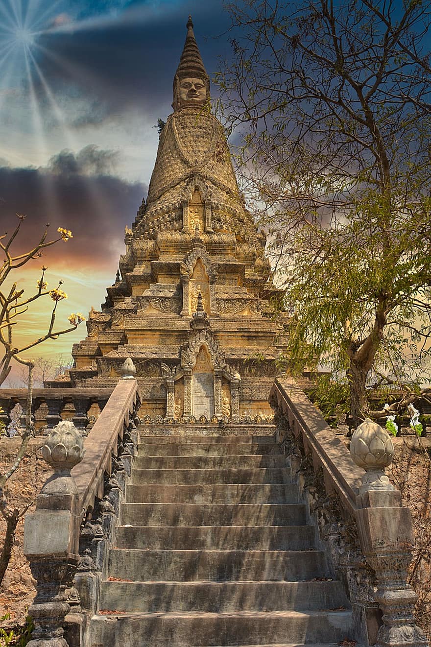 turista, cestovat, katedrála, kostel, 360 stupňů, panoráma, kopec, Kambodža, Oudong, Buddha, kupole