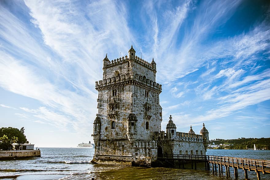 Belém Tower, Bridge, Fortification, Fort, Tower, Old, Building, Architecture, Landmark, Stoneworks, Masonry