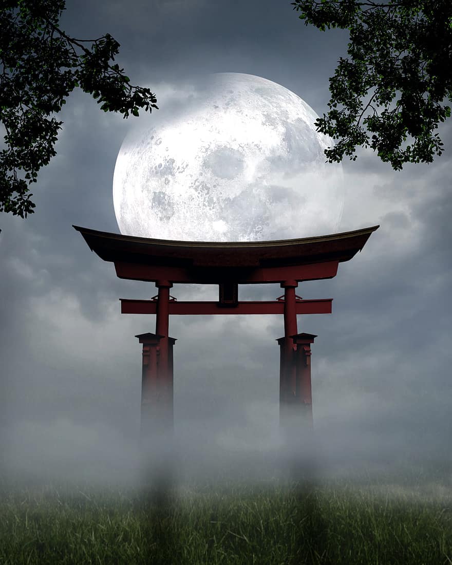 pintu, tori, suaka, Jepang, gerbang, Kuil, torii, bonsai, awan, sayang, bulan