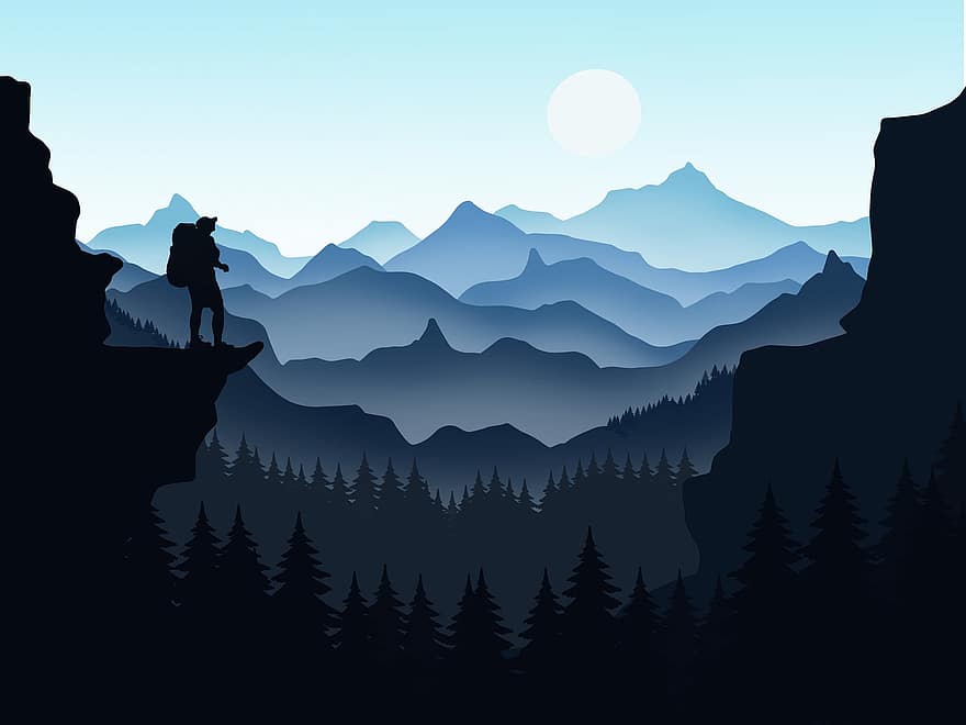 Montagne, forêt, randonnée, promeneur, la nature, paysage, ciel, silhouette, vecteur, sommet de la montagne, illustration