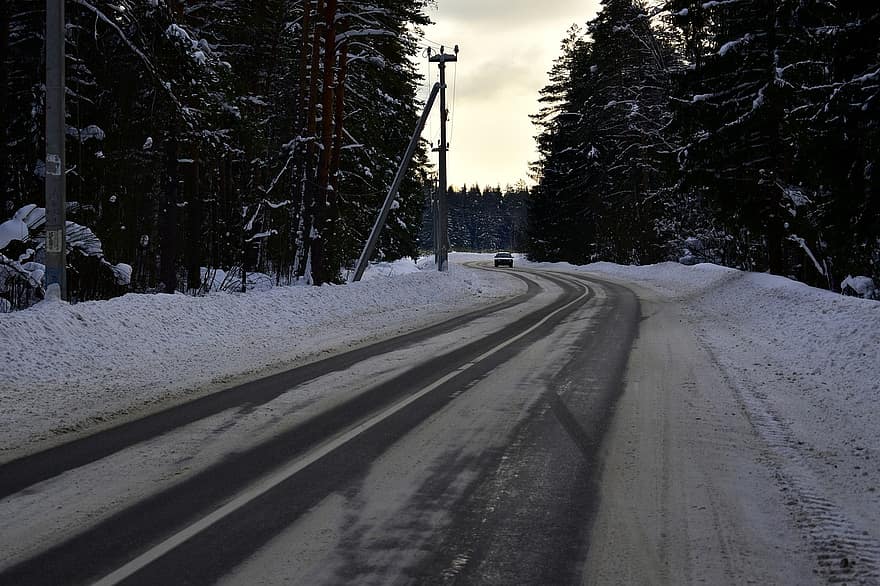 Straße, Winter, Morgen, Schnee, Landschaft, ländlich, Wald, Baum, Jahreszeit, Transport, Auto