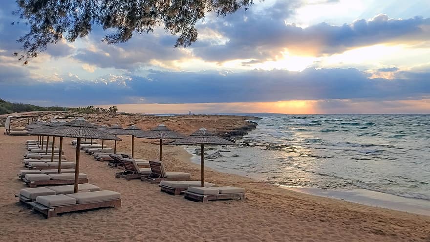Strand, Strandhotell, solnedgang, ferie, paradis, øy, hav, Kypros