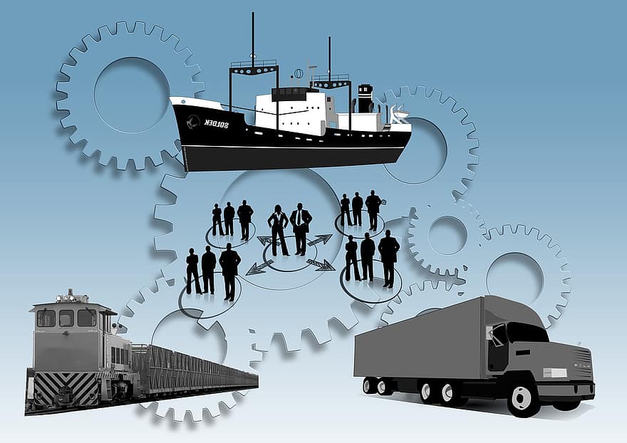 logistique, un camion, train de marchandise, Frachtschiff, personnel, groupe, engrenages, transmission, interaction, bâtiment, plan