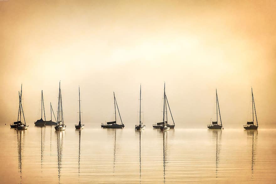 セーリングボート、霧、反射、湖、水、もや、自然、日の出、雰囲気、港