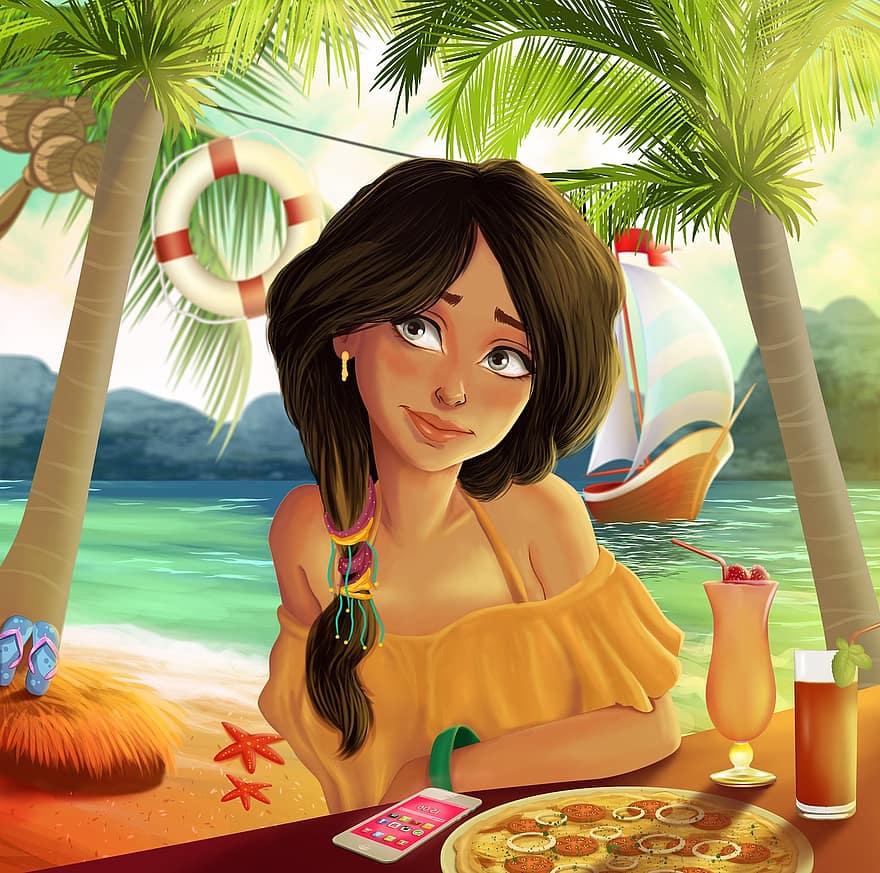 Illustration, Digital, Woman, Water, Sol, Landscape, Travel, Bahia, Girl, Digital Art, Mar