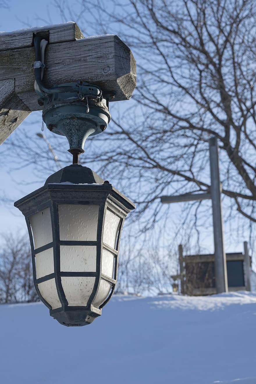 lampa, laterna, ziemā, pilsēta, raksturs, sniegs, zils, elektriskā lampa, koks, ielu apgaismojums, sala