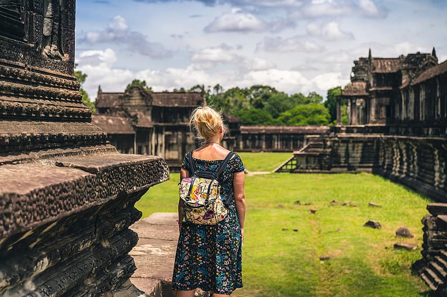 السفر ، سائح ، كمبوديا ، جني التماس ، آسيا ، البوذية ، أنغكور ، معبد ، الخمير