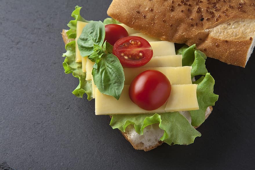 sandwich, fast food, brânză, cașcaval, roșie, pâine, prezentare, delicios, masă