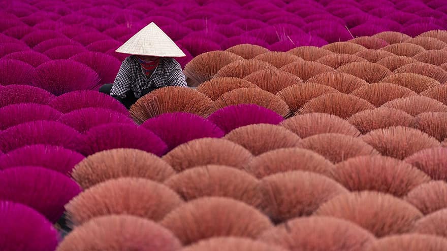 Person, Worker, Job, Field, Hat, Colorful, Incense, Vietnam, Daily Life, Red