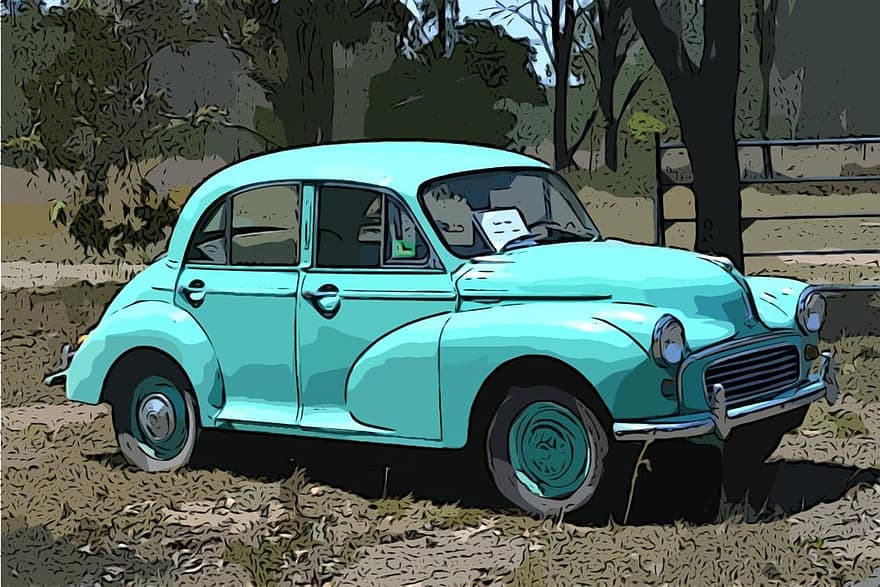 Morris minor, auto, auto's, Old Timer, spotprent, antiek, het rijden, fotografie, digitaal, blauw, Brisbane