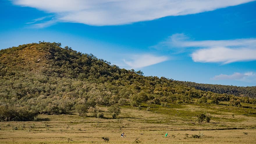 Parque Nacional Hells Gate, Quênia, rochas, paisagens, Tembea Tujenge Quênia, quênia mágica, panorama, azul, verão, árvore, montanha