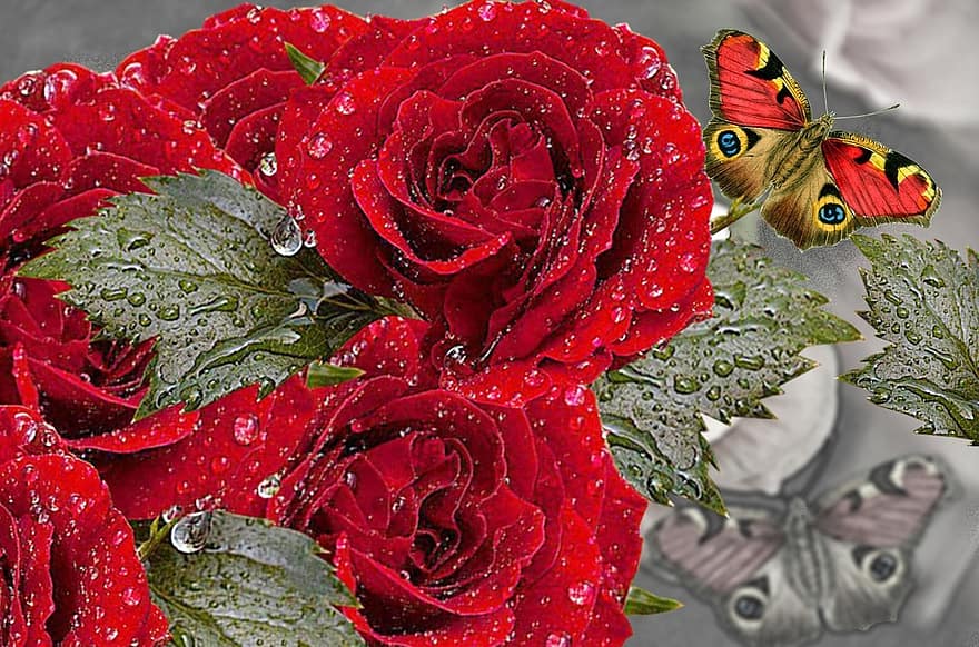 赤いバラ、バタフライ、庭園、自然、美しさ、ローザ、観賞用の花、花束