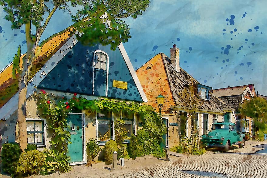 परिदृश्य, सुंदर, राय, नगर, मकान, गली, घर के बाहर, डिजिटल, कला, नीदरलैंड, तस्वीर