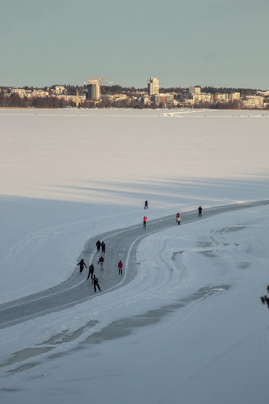 neve, inverno, patinação, pessoas, congeladas, lago, lazer, esporte, natureza, panorama, gelo
