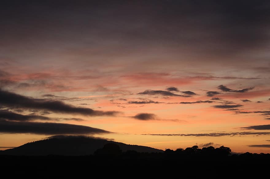amanecer, puesta de sol, crepúsculo, rural, campo, Reino Unido, Inglaterra, naturaleza