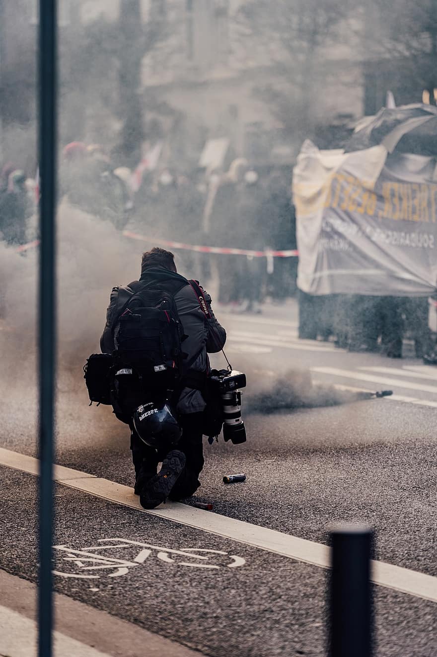 Man, Cameraman, Smoke, Riot, Protest, Torch, Flare, Beacon, Photography, Photographer, Camera