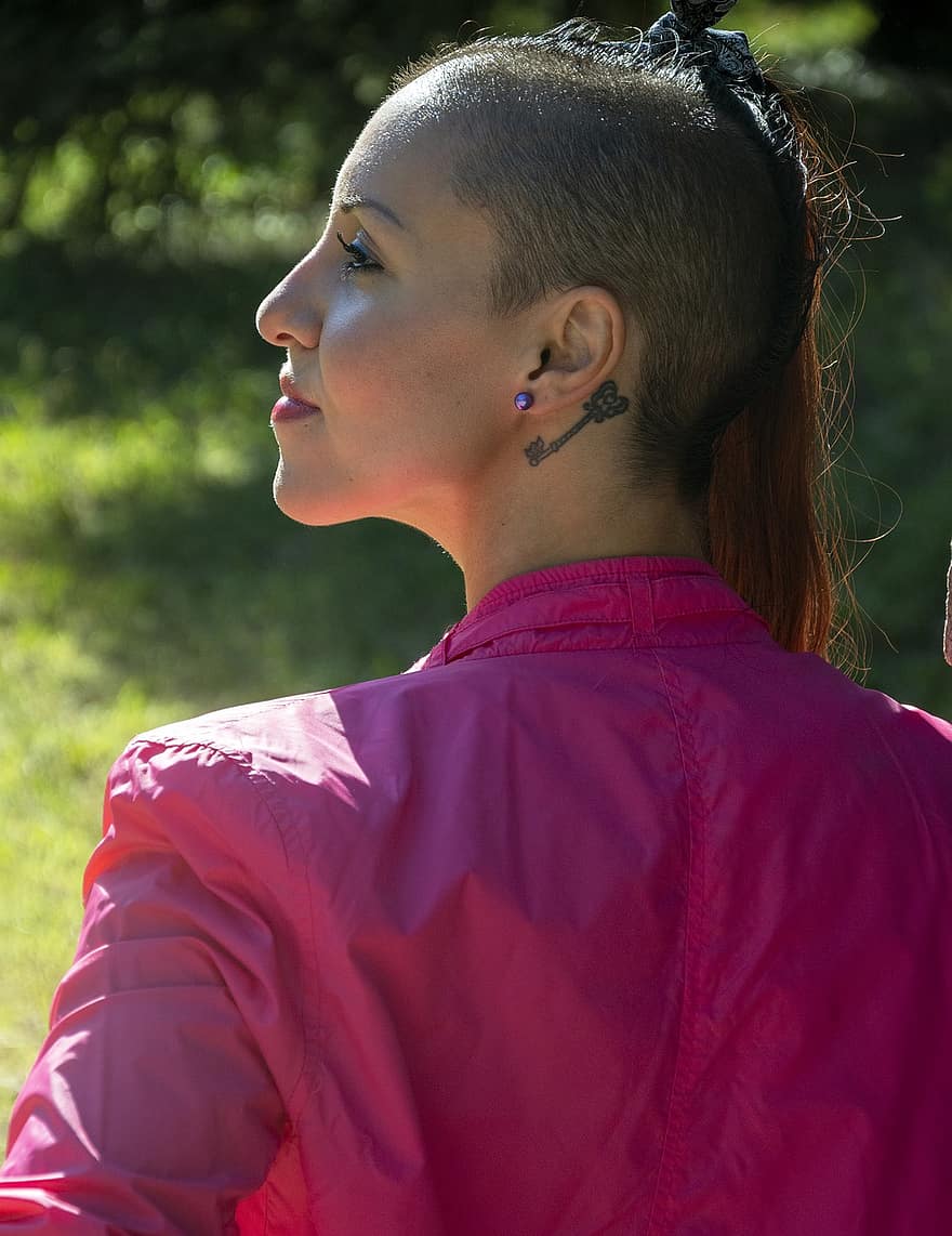 Model, Woman, Face, Young, Profile, Back, Pink, Park, Tattoo, Key, Punk