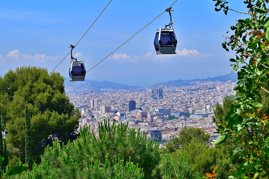 Cable Car, Travel, City, Sagrada Familia, Barcelona, Spain, Transport, Metropolis, mountain, transportation, cityscape