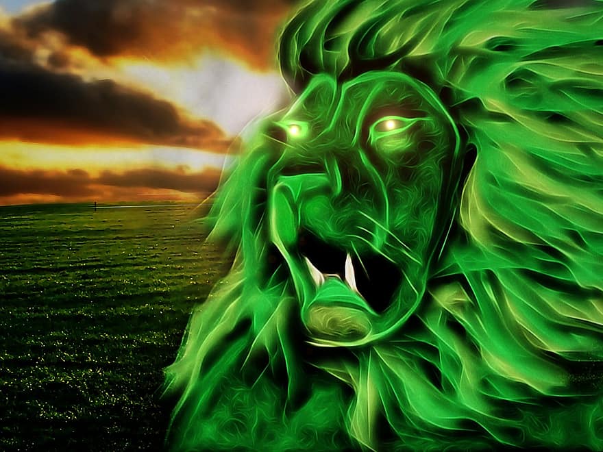 oroszlán, mitikus állat, tájkép, sörény, ég, nap, csillogó, fény, árnyék, vad, fű