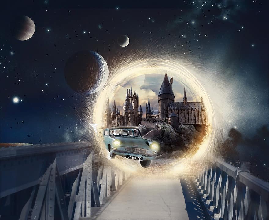 harry potter, czarodziej, magia, portal, wszechświat, galaktyka, hogwart, zamek, Fantazja, noc, samochód