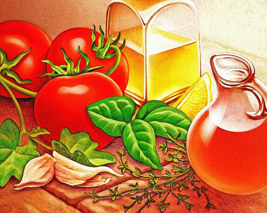 Italialainen juliste, basilika, valkosipuli, yrttejä, tomaatti, ruoka, kokki, Bruschetta, syödä, pesto, sipuli