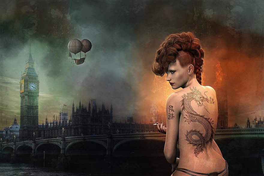 žena, drak, tetování, portrét, město, Londýn
