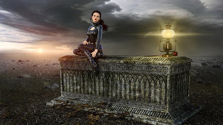 Fantasy, Girl, Lamp, Sit, Clouds, Sarcophagus, Mood, Mysterious, Mystical, Sky, Beauty